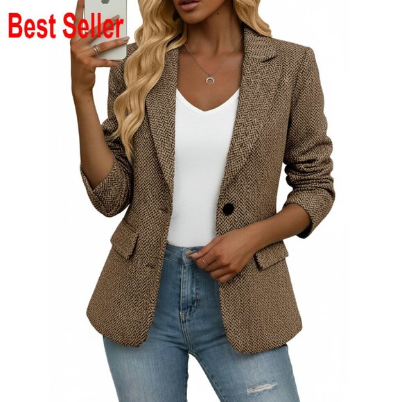 Herringbone Tweed Blazer Slim Fit Notched Lapel Work Office Jacket Classic